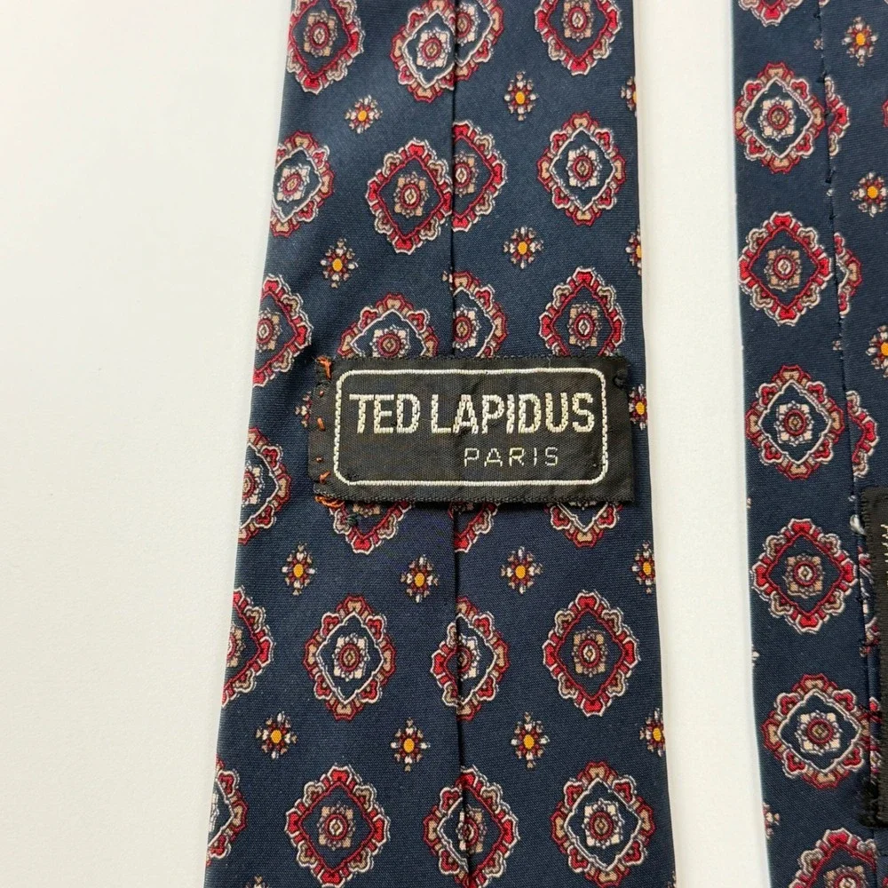 Vintage Ted‎ Lapidus Necktie Navy Geometric Medallion 100% Silk Italy